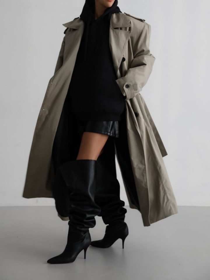 Padded Detail Oversized Double Breasted Trench Coat