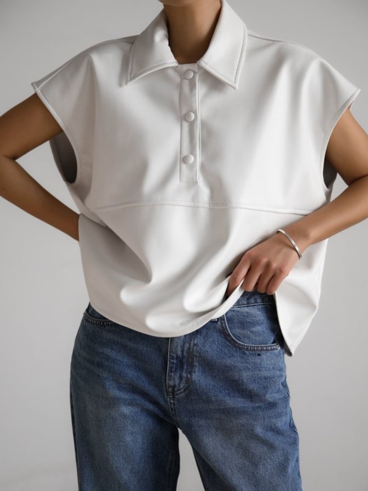 Vegan Leather Snap Button Detail Cropped Polo Collar Shirt