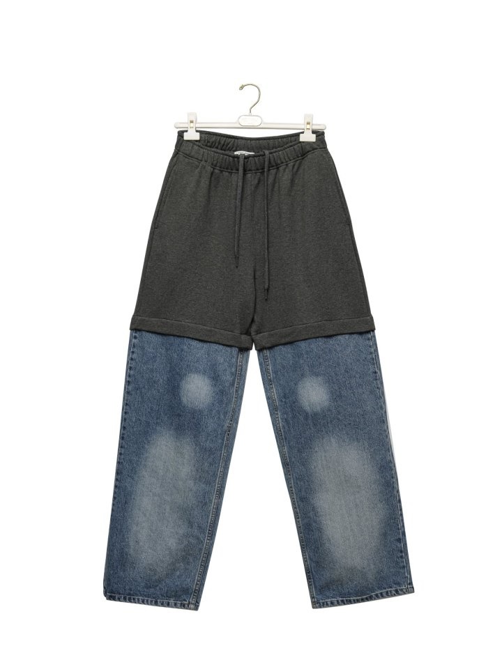Denim Hem Detail Drawstring Sweat Pants