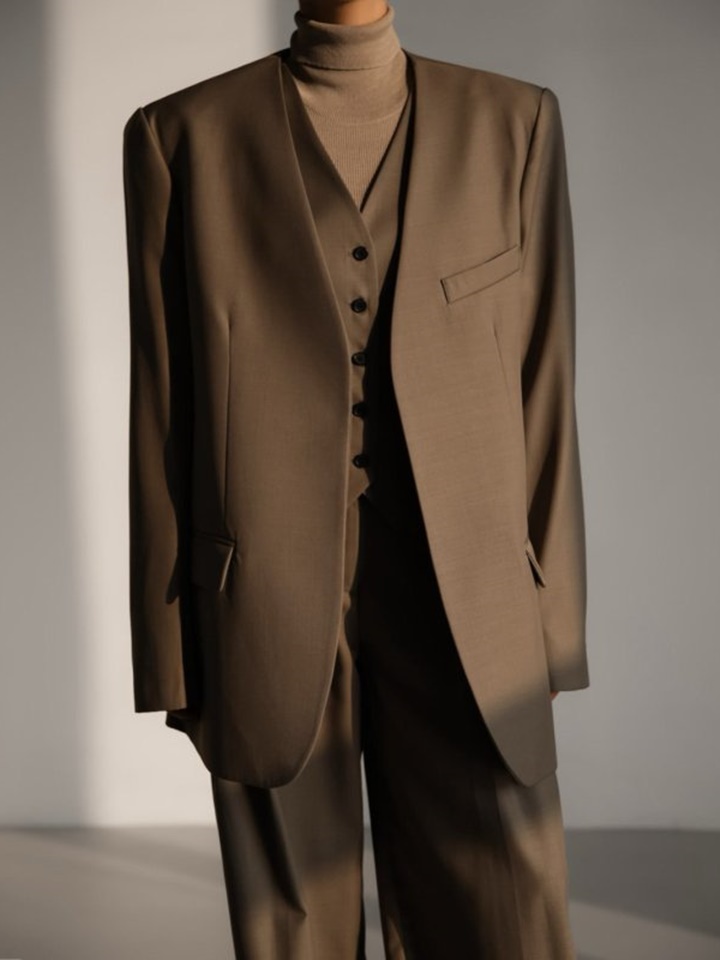 Sharkskin Fabric Collarless Oversized Set Up Blazer