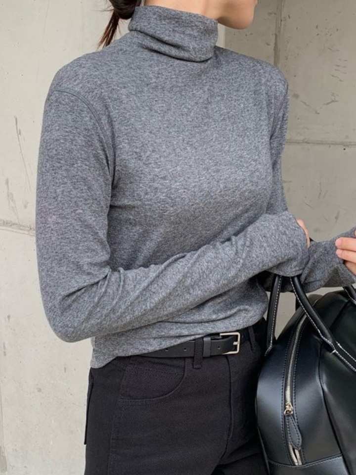 Tencel Wool Turtle Neck Slit Top