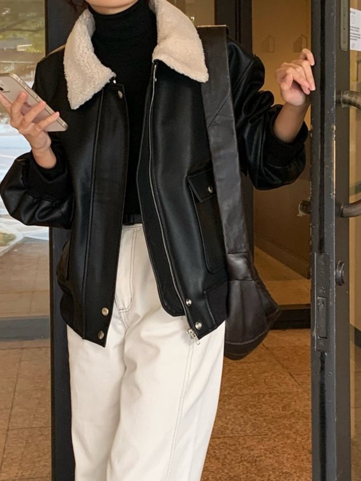 Shearling Collar Leather Jacket