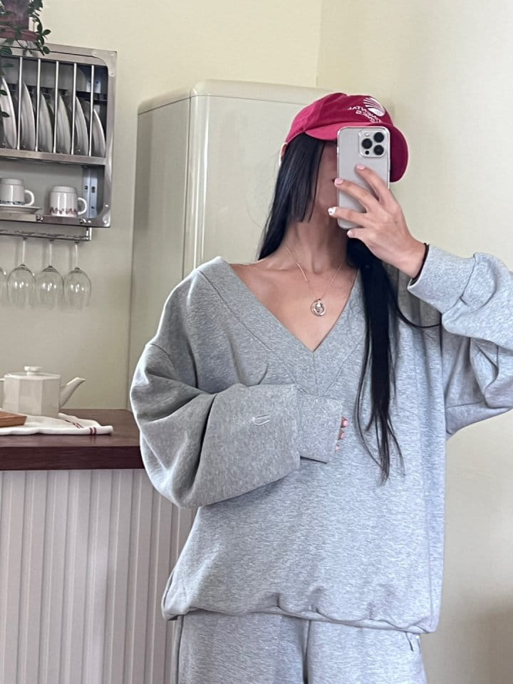Bricklane - Korean Women Fashion - #restrostyle - Ribbon Embroidery V-neck Sweatshirt - 5