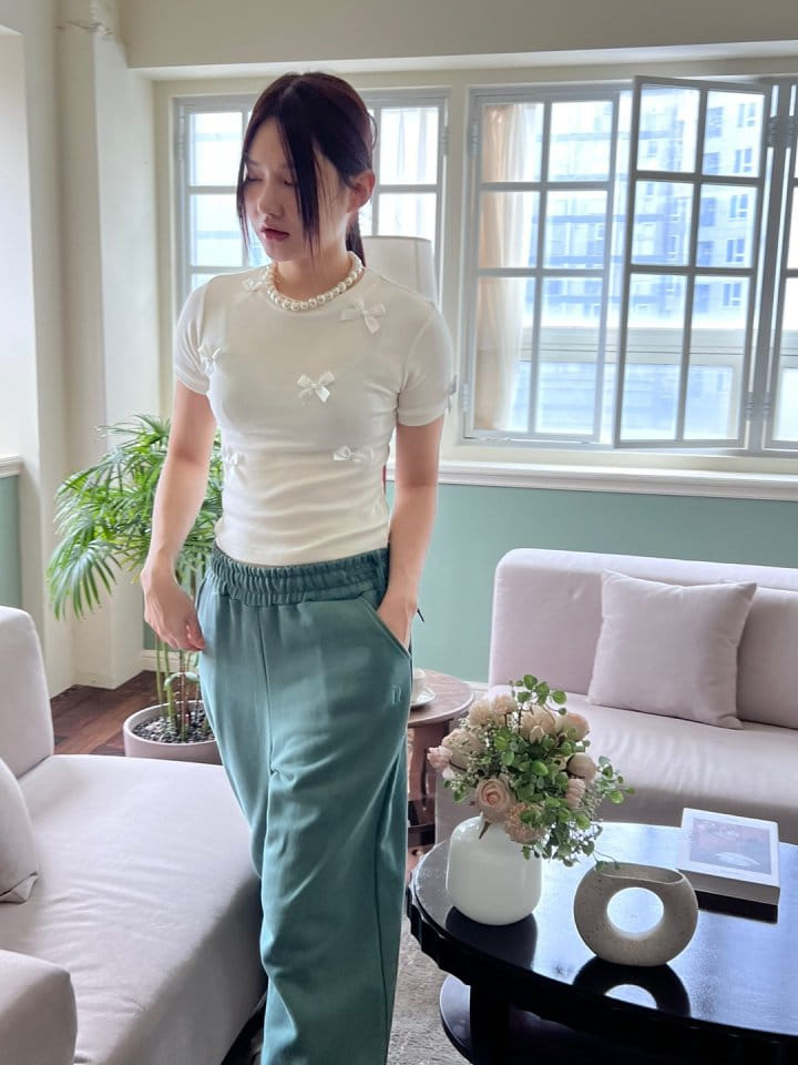 Bricklane - Korean Women Fashion - #romanticstyle - Ribbon Decoration T-shirt - 3
