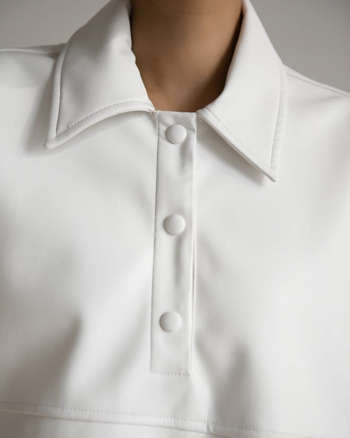 Paper Moon - Korean Women Fashion - #momslook - Vegan Leather Snap Button Detail Cropped Polo Collar Shirt - 12