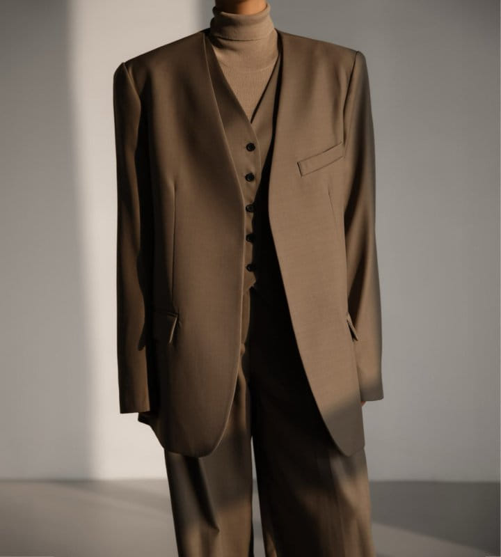 Paper Moon - Korean Women Fashion - #restrostyle - Sharkskin Fabric Collarless Oversized Set Up Blazer