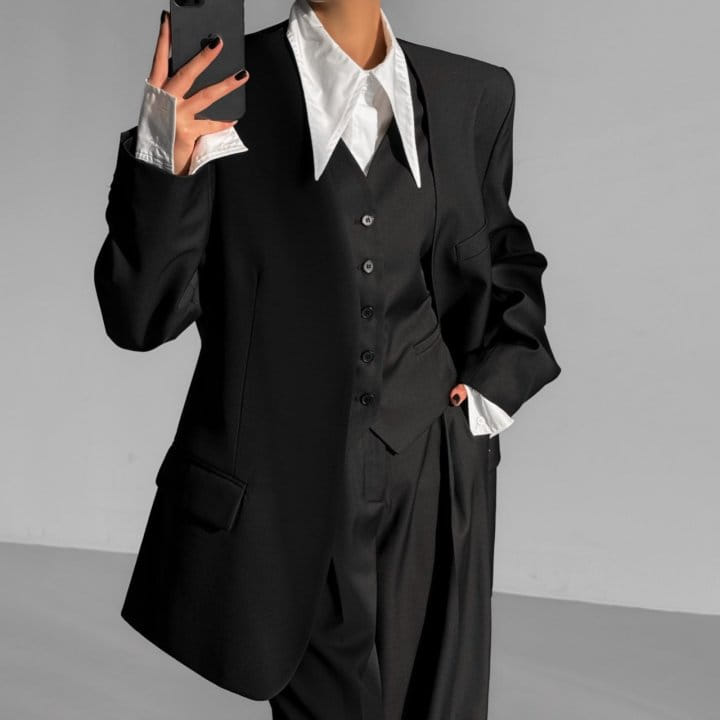 Paper Moon - Korean Women Fashion - #shopsmall - Sharkskin Fabric Collarless Oversized Set Up Blazer - 3