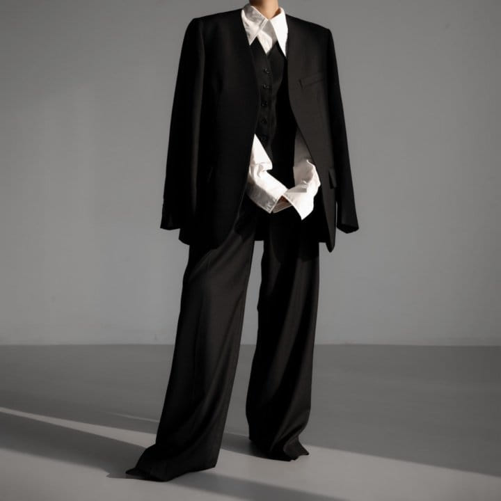 Paper Moon - Korean Women Fashion - #shopsmall - Sharkskin Fabric Collarless Oversized Set Up Blazer - 4