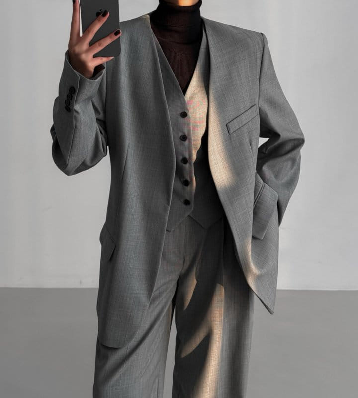 Paper Moon - Korean Women Fashion - #thelittlethings - Sharkskin Fabric Collarless Oversized Set Up Blazer - 5