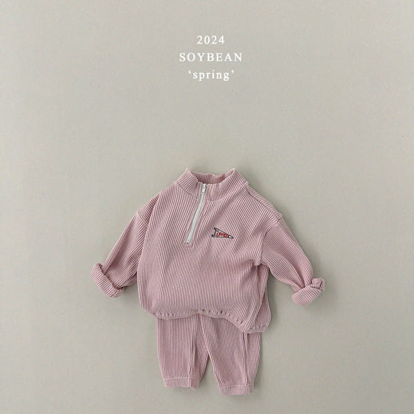 Soybean - Korean Children Fashion - #minifashionista - Loose Fit Half Waffle Top Bottom Set - 11