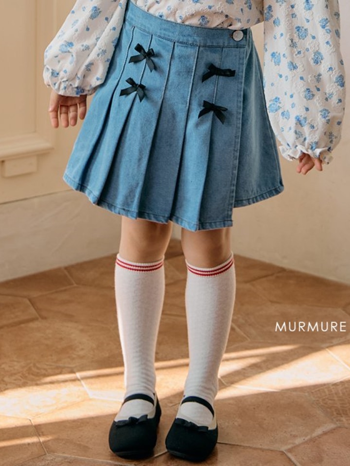 Ribbon Denim Wrinkle Skirt