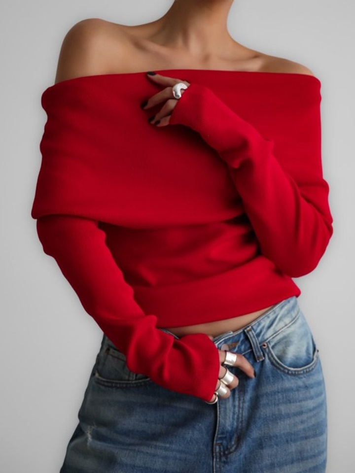Off Shoulder Long Sleeved Knit Top