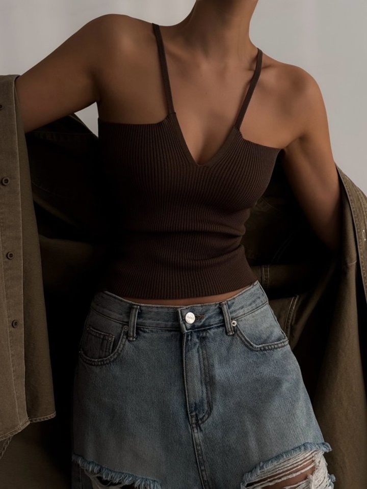 V – Line Strap Ribbed Knit Sleeveless Top