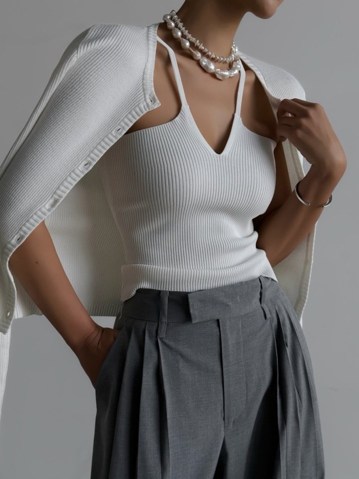 V – Line Strap Ribbed Knit Sleeveless Top