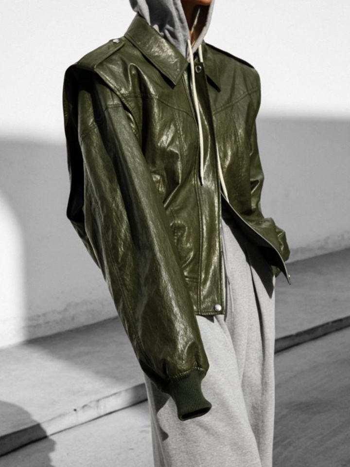 Vegan Leather Oversized Draping Pattern Zipped Up Jacket
