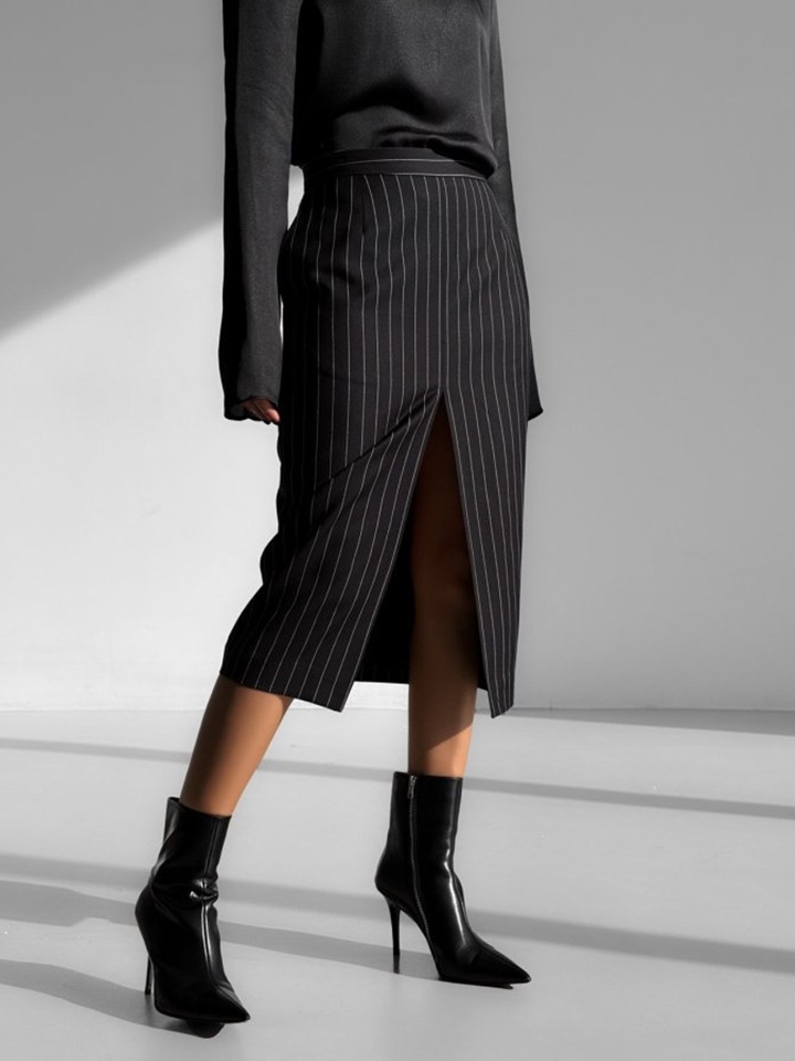 Wide Pin Stripe Set Up Suit Pencil Midi Skirt