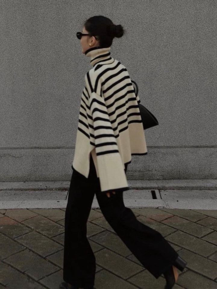 W Stripe Turtle Neck Side Slit Knit