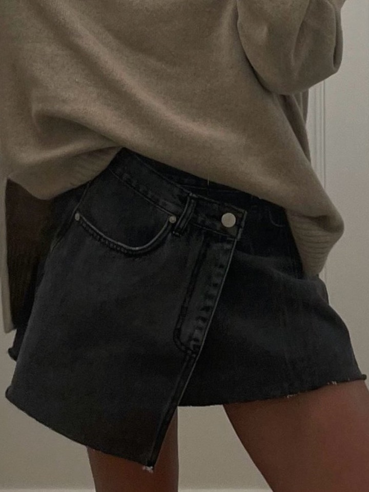 Unbalanced Wrap Detail Denim Mini Skirt