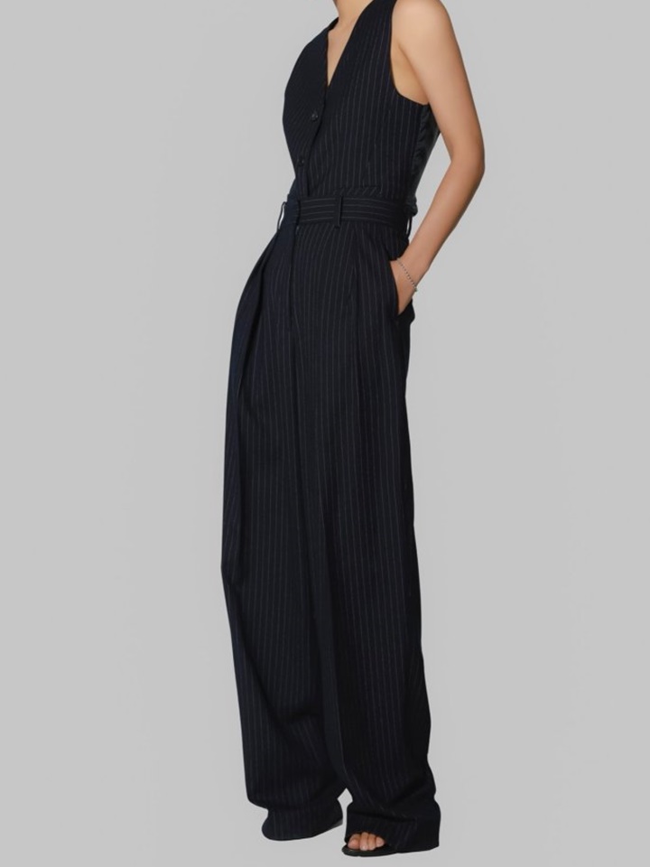 Pin Striped Low Waisted Double Pleats Wide Trousers