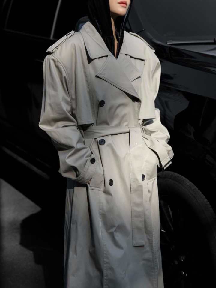 Padded Detail Oversized Double Breasted Trench Coat
