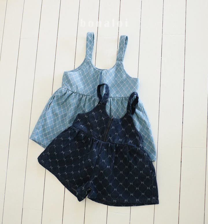 Bonaloi - Korean Children Fashion - #childofig - Denim Jacquard Overalls - 2