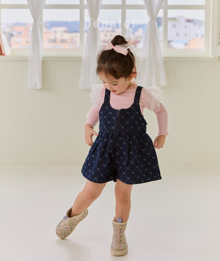 Bonaloi - Korean Children Fashion - #childofig - Denim Jacquard Overalls - 3