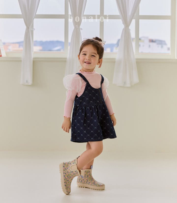 Bonaloi - Korean Children Fashion - #childofig - Denim Jacquard Overalls - 4