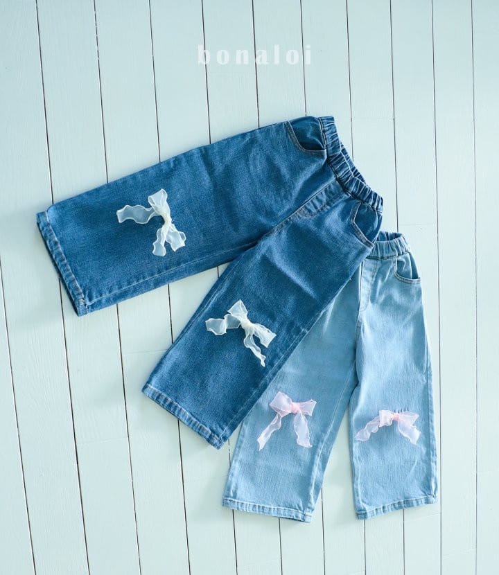 Bonaloi - Korean Children Fashion - #discoveringself - Yellow Ribbon Denim Pants - 2
