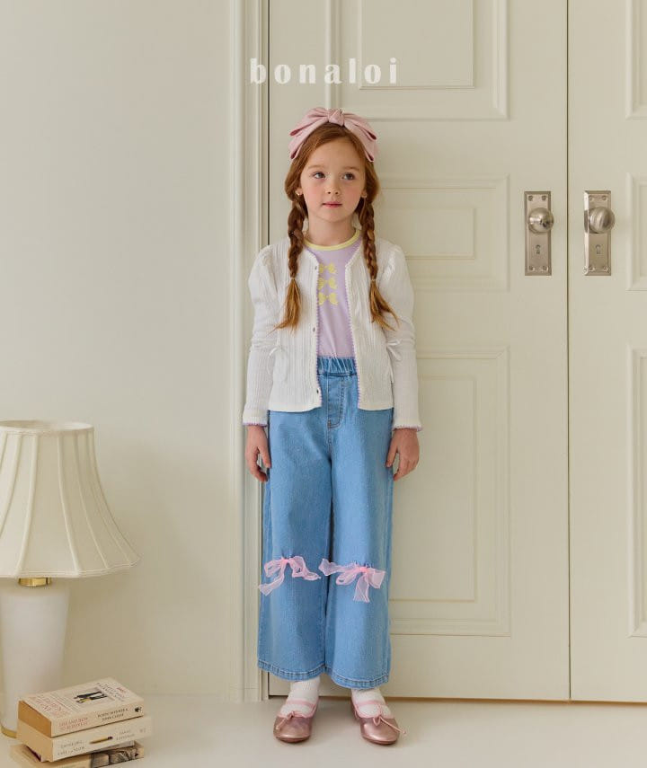 Bonaloi - Korean Children Fashion - #fashionkids - Yellow Ribbon Denim Pants - 4
