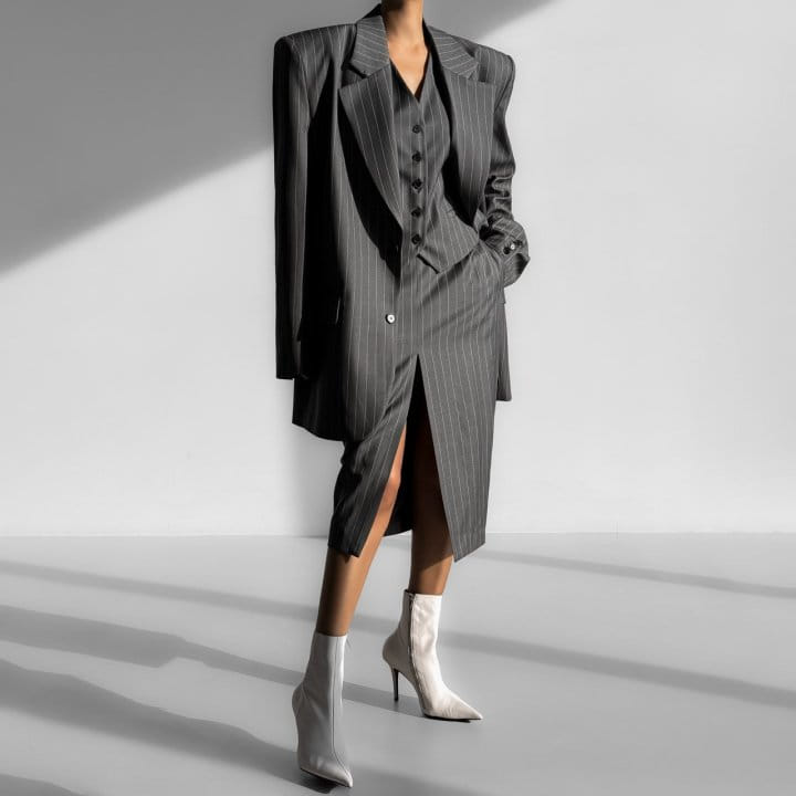 Paper Moon - Korean Women Fashion - #momslook - Wide Pin Stripe Set Up Suit Pencil Midi Skirt - 12