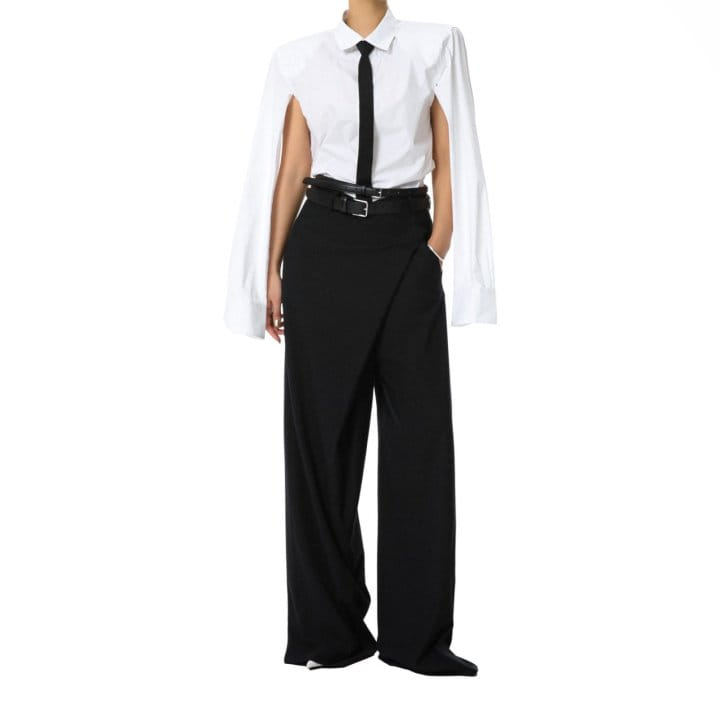Paper Moon - Korean Women Fashion - #romanticstyle - Classic Padded Shoulder Cut Out Detail Button Down Shirt