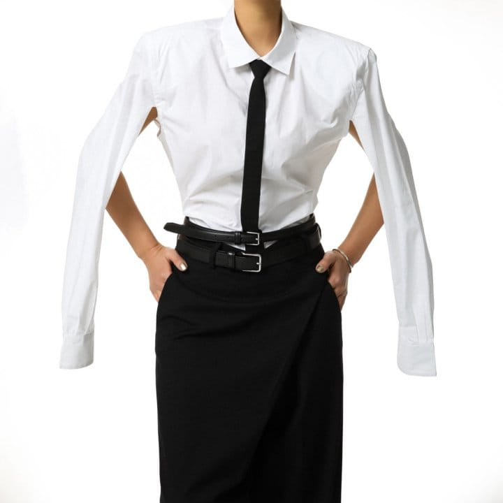 Paper Moon - Korean Women Fashion - #thatsdarling - Classic Padded Shoulder Cut Out Detail Button Down Shirt - 3