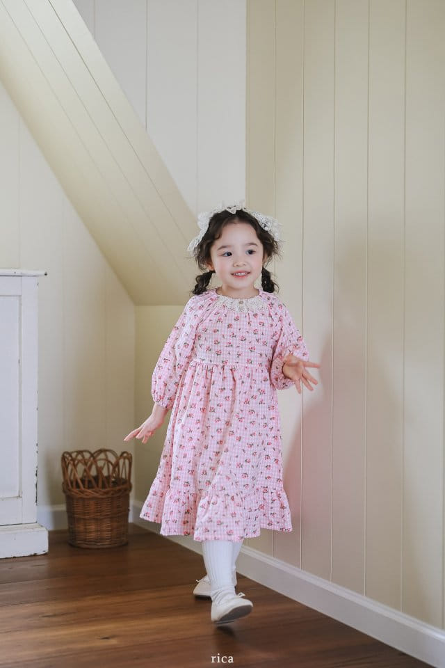 Rica - Korean Children Fashion - #minifashionista - Check Flower One-Piece - 2