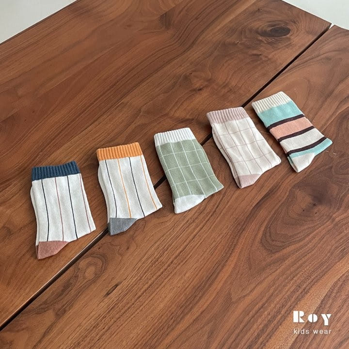 Roy - Korean Children Fashion - #toddlerclothing - Line Check 5pc Socks Set