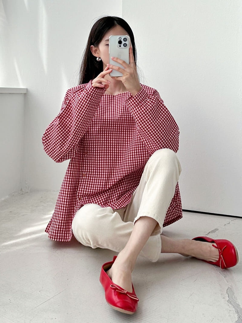 Theggllim - Korean Women Fashion - #momslook - Check Square Blouse - 2