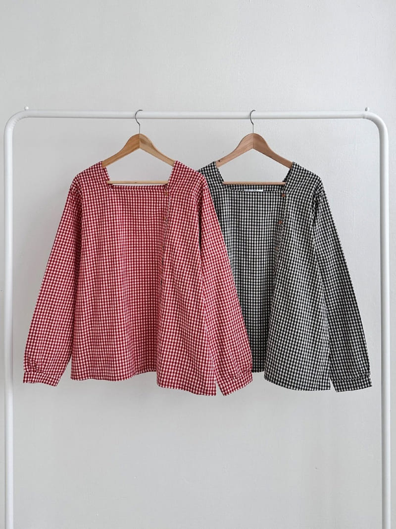 Theggllim - Korean Women Fashion - #womensfashion - Check Square Blouse - 4