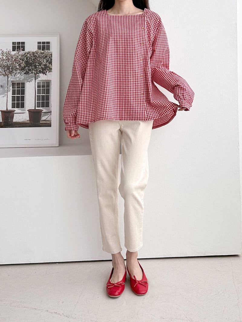 Theggllim - Korean Women Fashion - #momslook - Check Square Blouse - 8