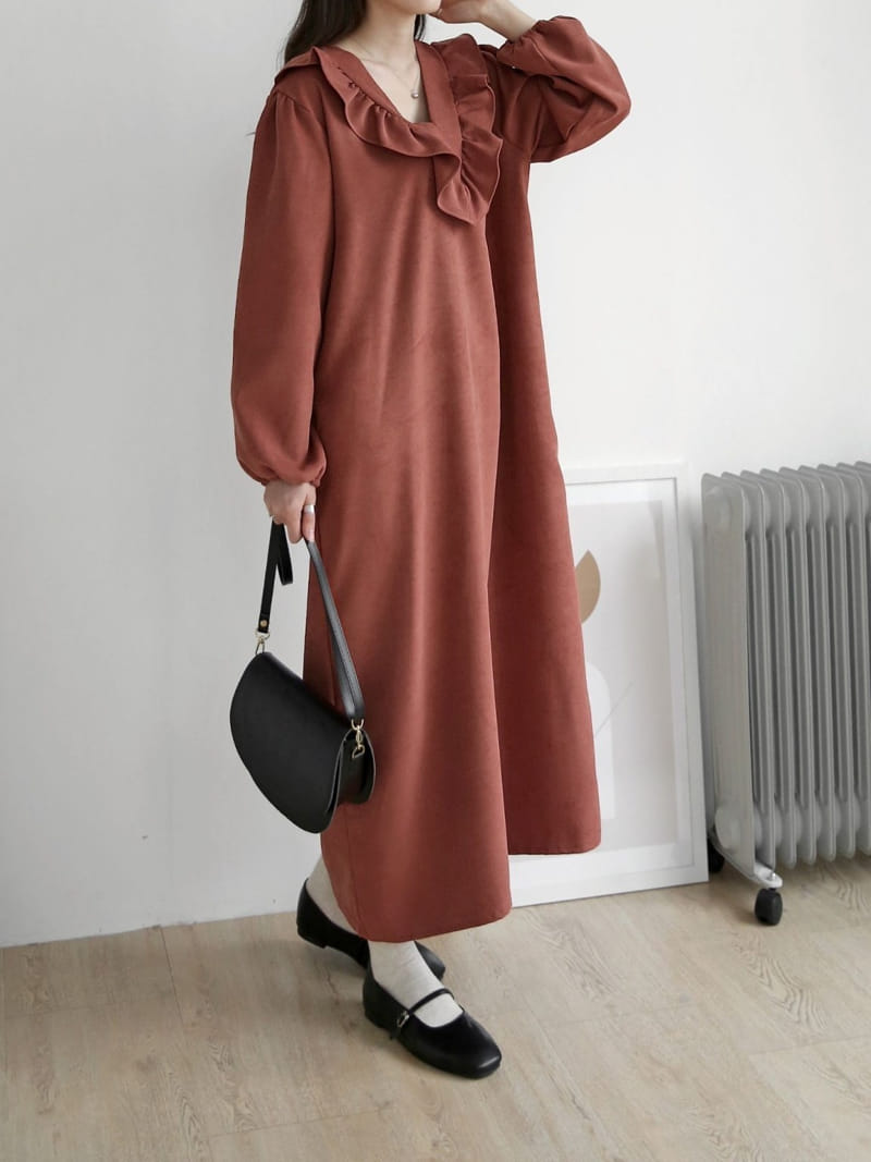 Theggllim - Korean Women Fashion - #momslook - V Neck Frill One-Piece  - 3
