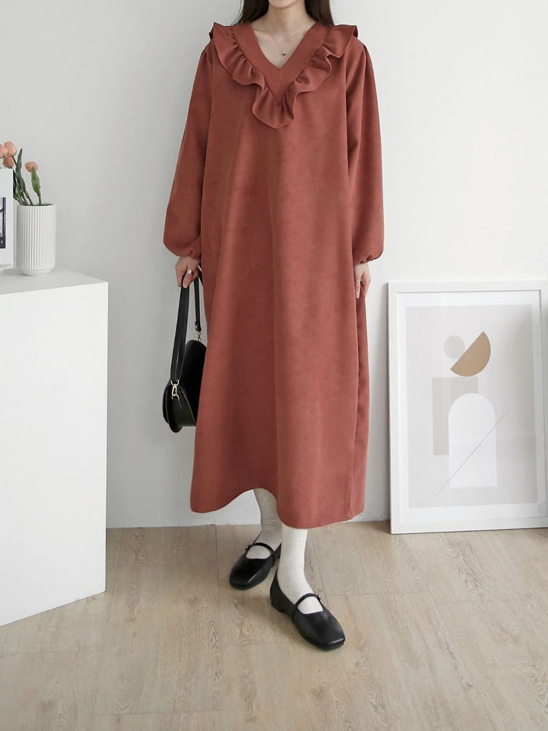 Theggllim - Korean Women Fashion - #momslook - V Neck Frill One-Piece  - 7