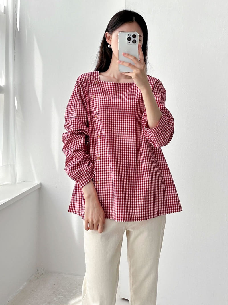 Theggllim - Korean Women Fashion - #womensfashion - Check Square Blouse