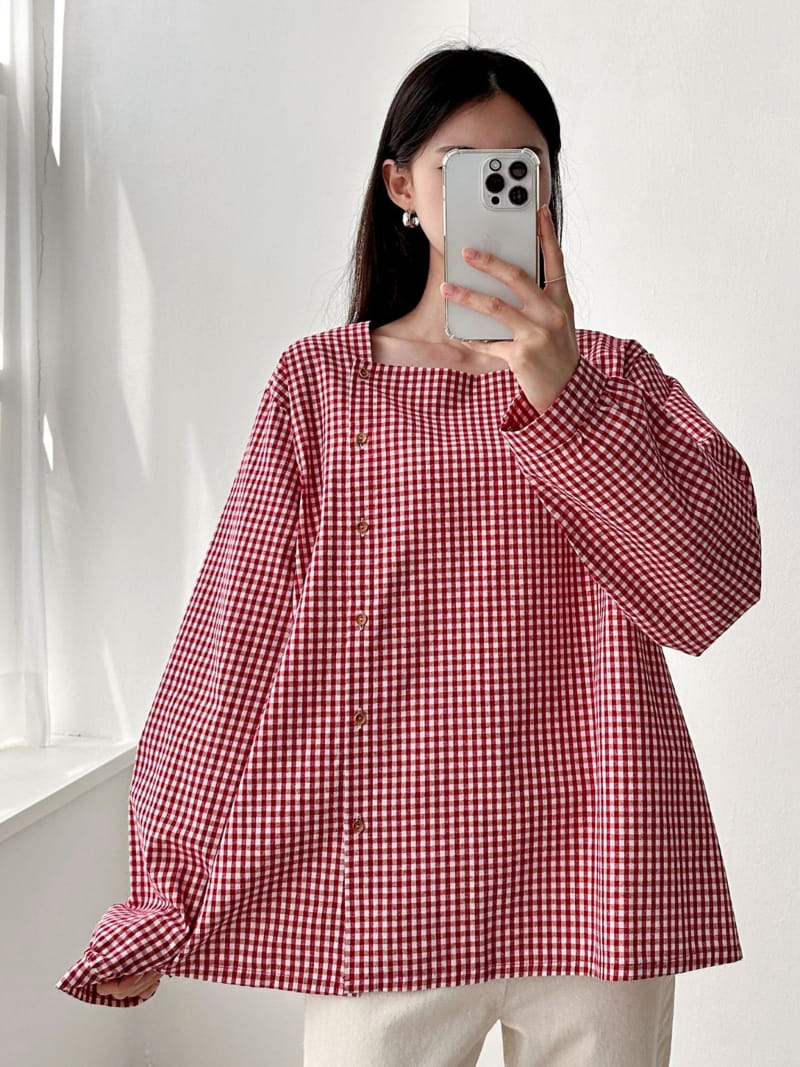 Theggllim - Korean Women Fashion - #womensfashion - Check Square Blouse - 3