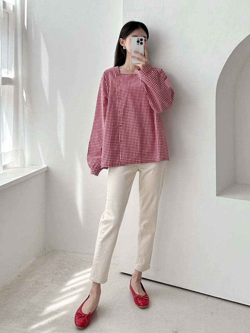 Theggllim - Korean Women Fashion - #womensfashion - Check Square Blouse - 7