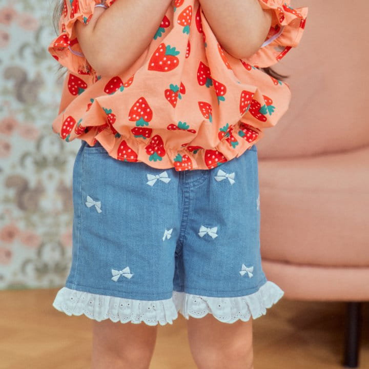 1St Blue - Korean Children Fashion - #Kfashion4kids - Ribbon Lace Denim Pants