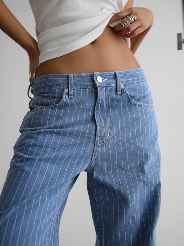 Low Rise Striped Pattern Loose Fit Blue Denim Pants