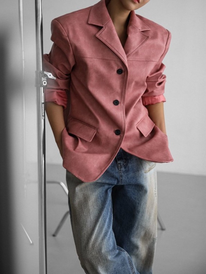 Washed Vegan L Three Button Single Breasted Blazer