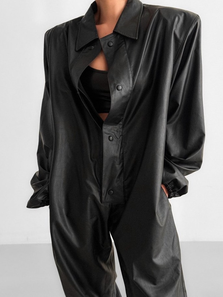 Oversized Vegan L Snap Button Detail Jumpsuit