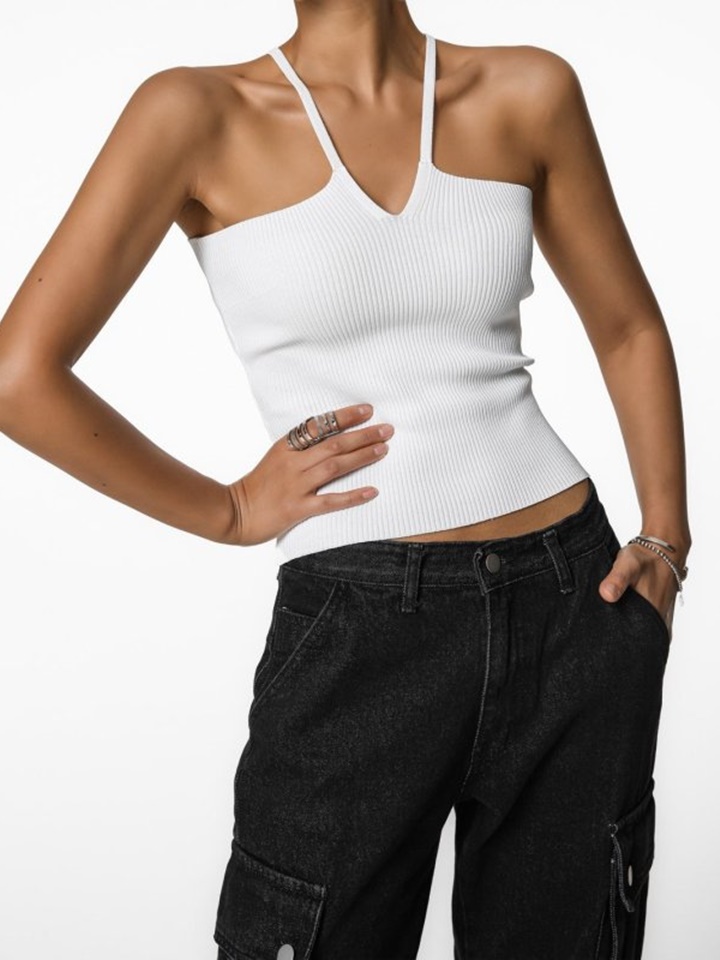 V Line Strap Ribbed Knit Sleeveless Top
