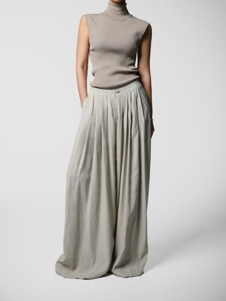Bamboo Pleated Pin Tuck Wide Trousers