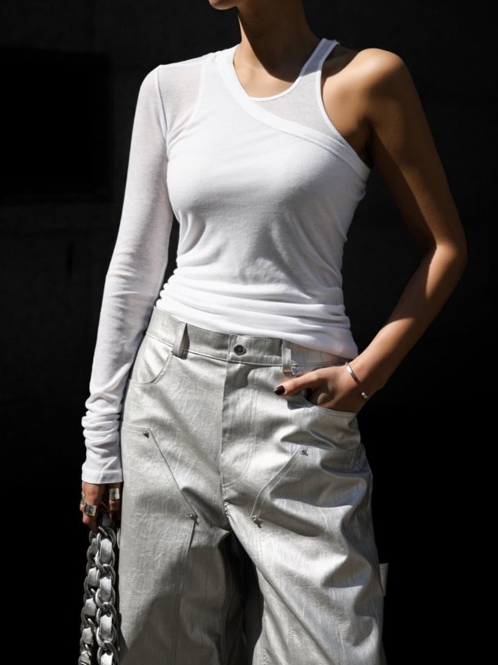 One Sleeved Layered Diagonal Wool Tencel T Shirt