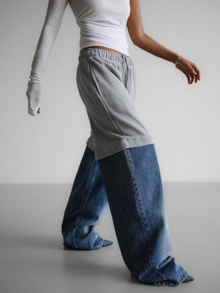 Denim Hem Detail Drawstring Sweat Pants